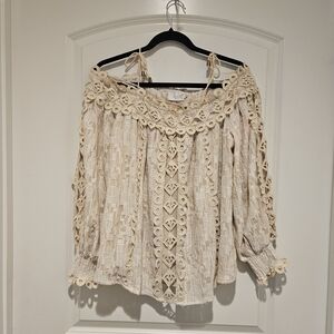 Champane And Strawberry Crochet-Trim Off-Shoulder Blouse #894